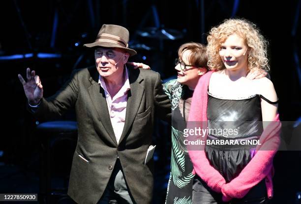 This picture taken on July 30, 2020 in Salzburg, Austria, shows actors Hanns Zischler, Eva Loebau and Luisa-Celine Gaffron during a dress rehearsal...