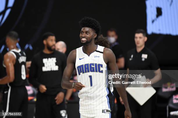 Orlando, FL Jonathan Isaac of the Orlando Magic smiles during the game against the Brooklyn Nets on July 31, 2020 at The HP Field House at ESPN Wide...