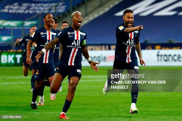 Paris Saint-Germain's Brazilian forward Neymar , Paris Saint-Germain's French defender Presnel Kimpembe and teammates celebrate their victory at the...