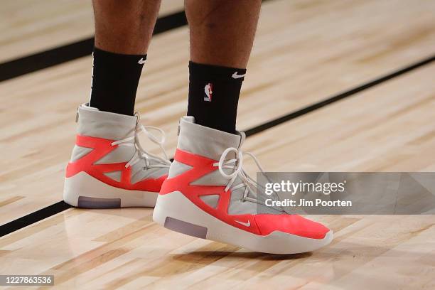 View of the sneakers of P.J. Tucker of the Houston Rockets prior to the game against the Dallas Mavericks as part of the NBA Restart 2020 on July 31,...