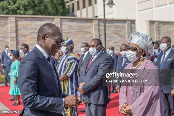 Patrice Talon, President of the Republic of Benin greets guests at the Palais de la Marina on August 1, 2020 in Cotonou during the Independence Day...