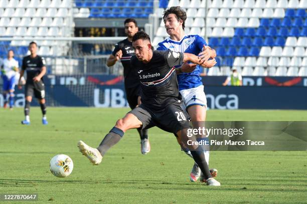 Gonzalo Maroni of UC Sampdoria competes for the ball with Sandro Tonali of UC Brescia in action during the Serie A match between Brescia Calcio and...