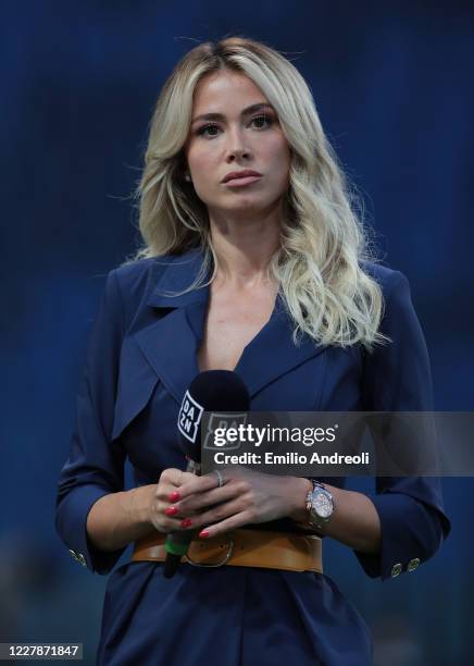 Diletta Leotta at the side of the pitch ahead of the Serie A match between Atalanta BC and FC Internazionale at Gewiss Stadium on August 1, 2020 in...