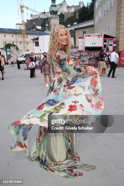 Katja Burkard arrives for the premiere of "Elektra" during the opening of the Salzburg Festival 2020 at Salzburg State Theatre on August 1, 2020 in...