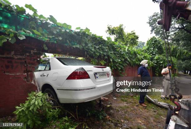 An over speeding car broke a boundary wall and crashed into a house in Sector 19, on August 1, 2020 in Chandigarh, India.