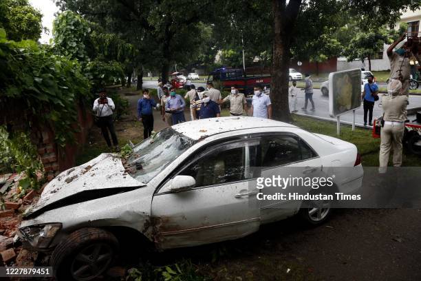 An over speeding car broke a boundary wall and crashed into a house in Sector 19, on August 1, 2020 in Chandigarh, India.
