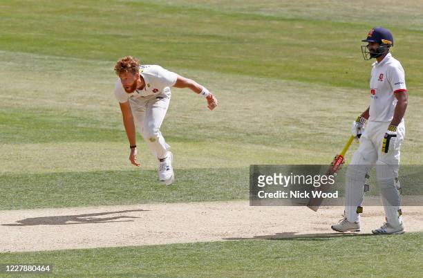Ivan Thomas of Kent in bowling action during day two of the Bob Willis Trophy match between Essex and Kent at Cloudfm County Ground on August 2, 2020...