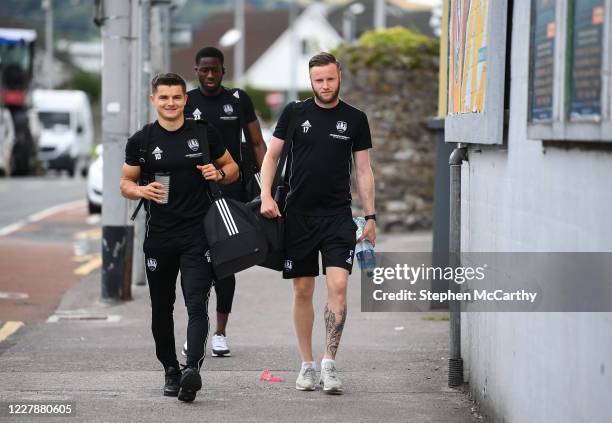 Cork , Ireland - 2 August 2020; Cork City players, from left, Daire O'Connor, Joseph Olowu and Kevin O'Connor arrive prior to the SSE Airtricity...