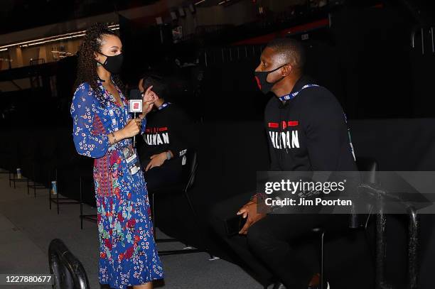 President of Basketball Operations Masai Ujiri of the Toronto Raptors speaks ESPN reporter Malika Andrews after the game against the Los Angeles...