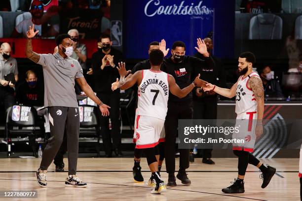 Kyle Lowry of the Toronto Raptors celebrates against the Los Angeles Lakers as part of the NBA Restart 2020 on August 1, 2020 at The Arena at ESPN...