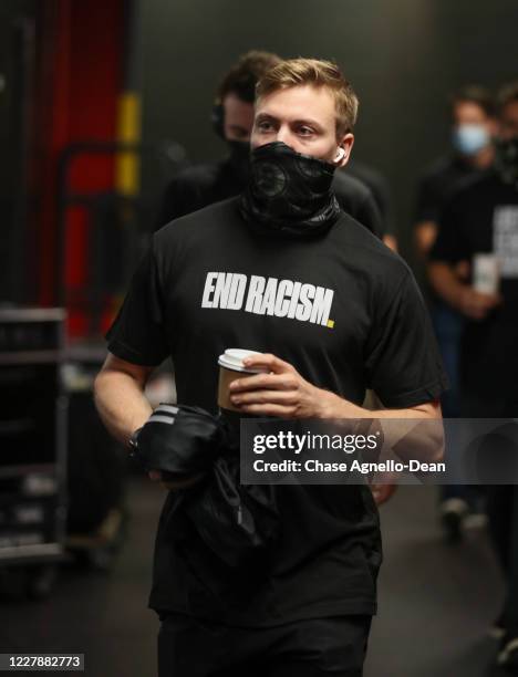 Par Lindholm of the Boston Bruins arrives at the arena before facing the Philadelphia Flyers in a Round Robin game during the 2020 NHL Stanley Cup...