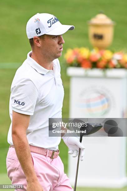 Justin Thomas walks on the first tee during the final round of the World Golf Championships-FedEx St. Jude Invitational at TPC Southwind on August 2...