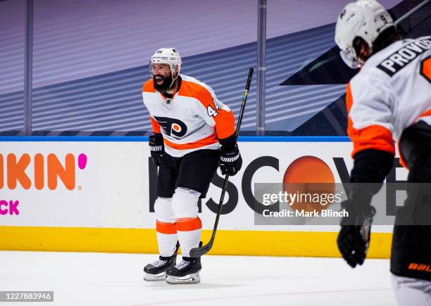 Nate Thompson of the Philadelphia Flyers celebrates after scoring against the Boston Bruins during the second period in a Round Robin game during the...