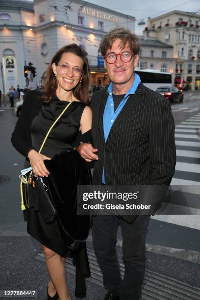 Tobias Moretti and his wife Julia Moretti attend the theatre premiere of "Zdenek Adamec" during the Salzburg Festival 2020 at Landestheater on August...