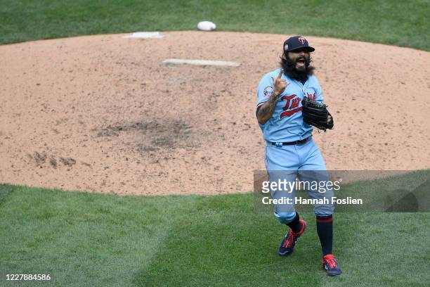 Sergio Romo of the Minnesota Twins celebrates defeating the Cleveland Indians in the game at Target Field on August 2, 2020 in Minneapolis,...