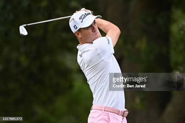 Justin Thomas hits a shot on the eighth tee box during the final round of the World Golf Championships-FedEx St. Jude Invitational at TPC Southwind...