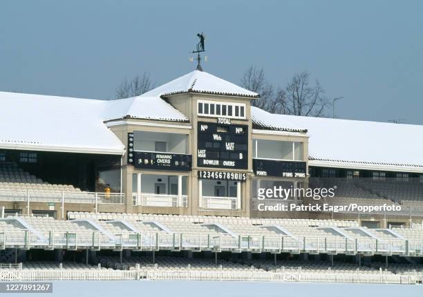View of the Grand Stand after heavy snowfall covered the ground at Lord's Cricket Ground, London, circa February 1991.