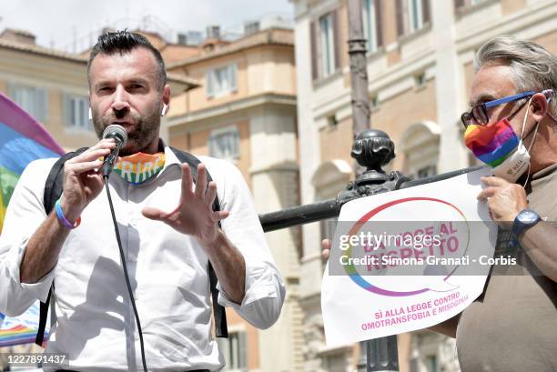 The MP of the Democratic Party and promoter of the law, Alessandro Zan, with members of the "Give Voice to Respect" committee demonstrate in front of...