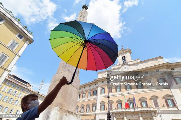 Members of the "Give Voice to Respect" committee demonstrate in front of Montecitorio in support of the law against homotransphobia and misogyny, on...