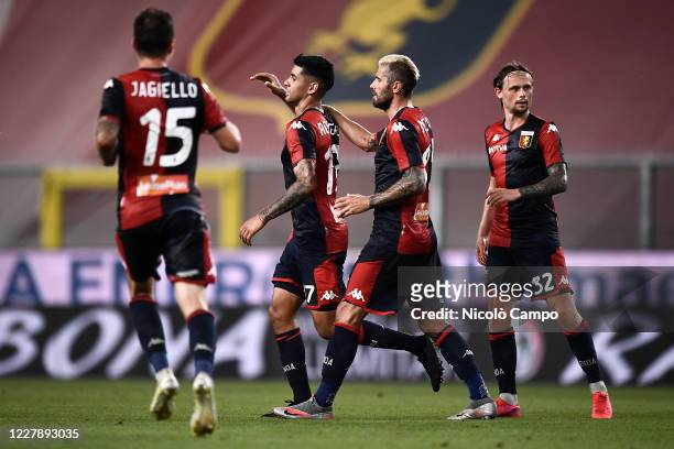 Cristian Romero of Genoa CFC celebrates after scoring a goal during the Serie A football match between Genoa CFC and Hellas Verona. Genoa CFC won 3-0...