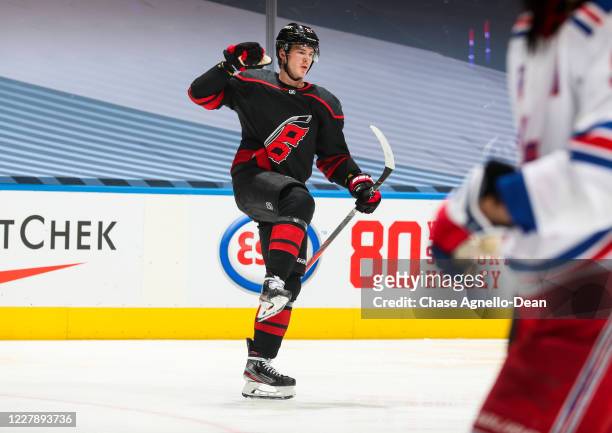 Andrei Svechnikov of the Carolina Hurricanes celebrates his goal against the New York Rangers during the second period in Game Two of the Eastern...