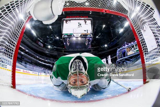 Ben Bishop of the Dallas Stars stretches after a whistle during the third period against the Vegas Golden Knights in a Round Robin game during the...