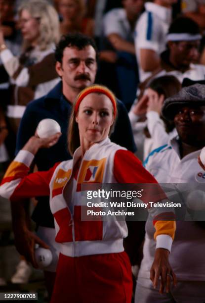 Victor French, Michelle Phillips competing in pitching competiton on the ABC tv special 'The Battle of the Network Stars III'.