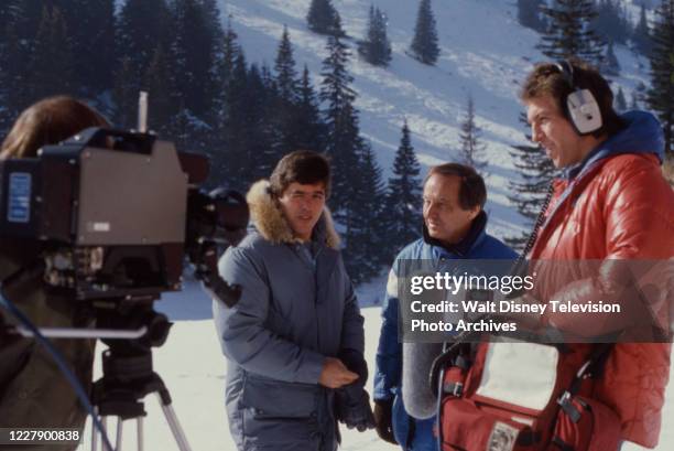 Sarajevo, Yugoslavia Mike Adamle, Jim McKay filming segment during ABC Sports press tour in preparation for the 1984 Winter Olympics / XIV Olympic...