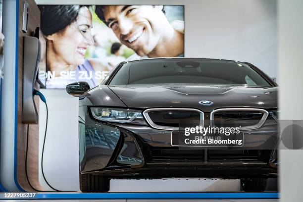 Automobile i8 electric vehicle stands parked inside a Bayerische Motoren Werke AG showroom in Frankfurt, Germany, on Tuesday, Aug. 4, 2020. The...