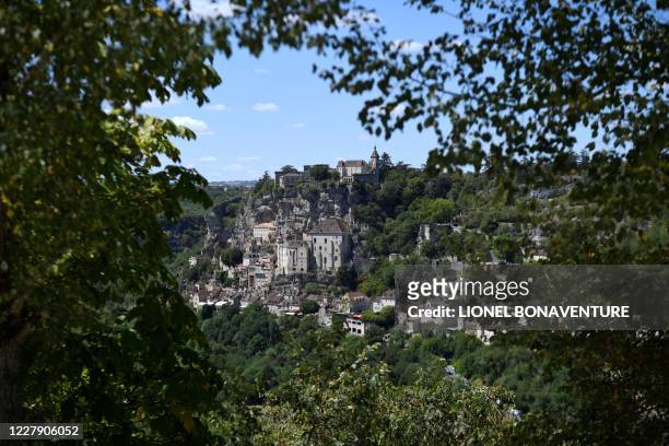 The village of Rocamadour, southern France, is pictured on August 4, 2020. - Rocamadour is well known for its religious city, a complex of religious...