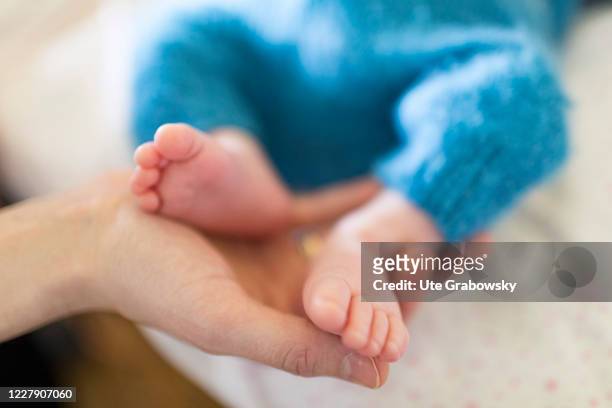 Feet of a newborn baby and a hand of the mother on March 12, 2019 in Bonn, Germany.