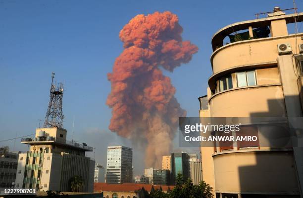 Picture shows the scene of an explosion in Beirut on August 4, 2020. - A large explosion rocked the Lebanese capital Beirut on August 4, an AFP...
