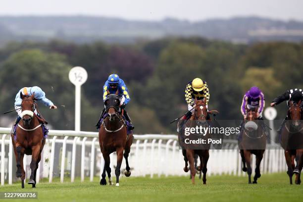 Ventura Rascal ridden by jockey Kevin Stott on their way to winning the Skidby Handicap at Beverley Racecourse, on August 4, 2020 in Beverley,...