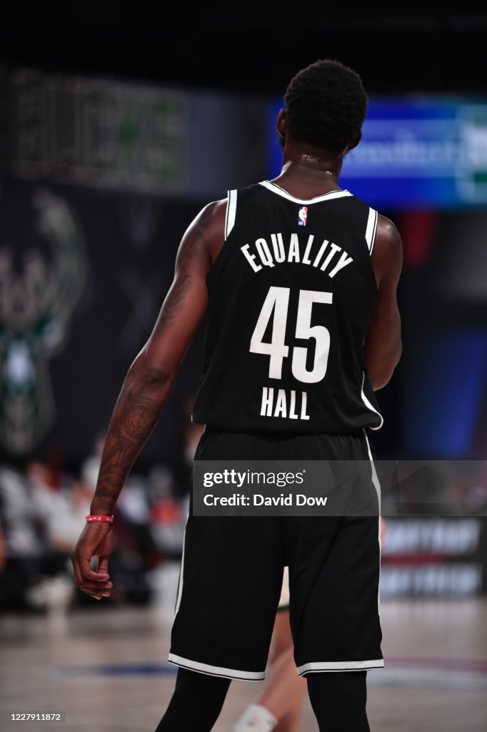 Donta Donta Hall of the Brooklyn Nets looks on against the Milwaukee Bucks ...
