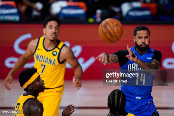 Augustin of the Orlando Magic makes a pass in front of Malcolm Brogdon of the Indiana Pacers during the second half at Visa Athletic Center at ESPN...