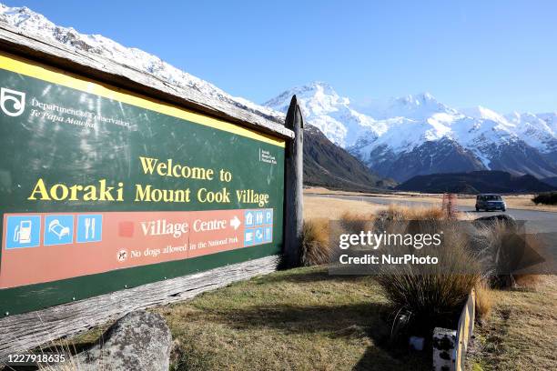 Sign for Mount Cook village is seen at Mount Cook National Park in the South Island, New Zealand, on August 05, 2020. It lies amidst the Southern...