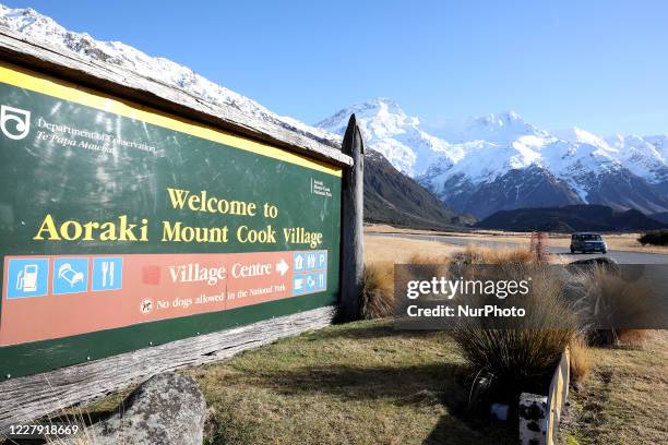 Sign for Mount Cook village is seen at Mount Cook National Park in the South Island, New Zealand, on August 05, 2020. It lies amidst the Southern...