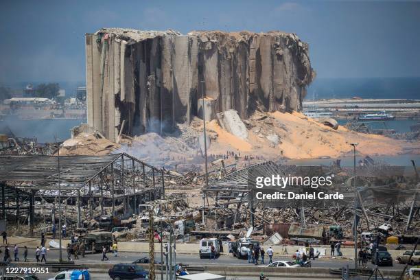 Destroyed buildings are visible a day after a massive explosion occurred at the port on Aug. 5, 2020 in Beirut, Lebanon. As of Wednesday morning,...