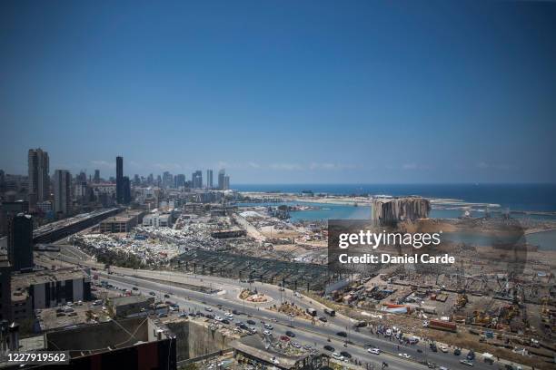 Destroyed buildings are visible a day after a massive explosion occurred at the port on Aug. 5, 2020 in Beirut, Lebanon. As of Wednesday morning,...