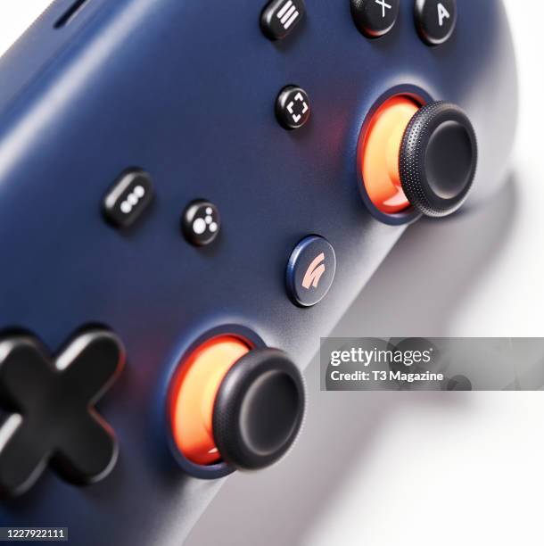 Detail of a Google Stadia video game controller, taken on February 14, 2020.