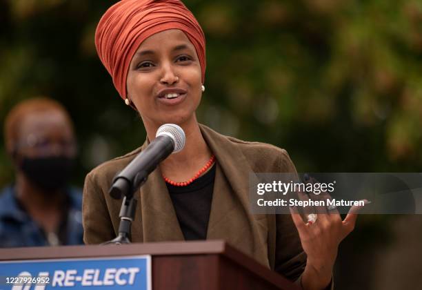 Rep. Ilhan Omar speaks during a press conference outside the DFL Headquarters on August 5, 2020 in St Paul, Minnesota. Omar is hoping to retain her...