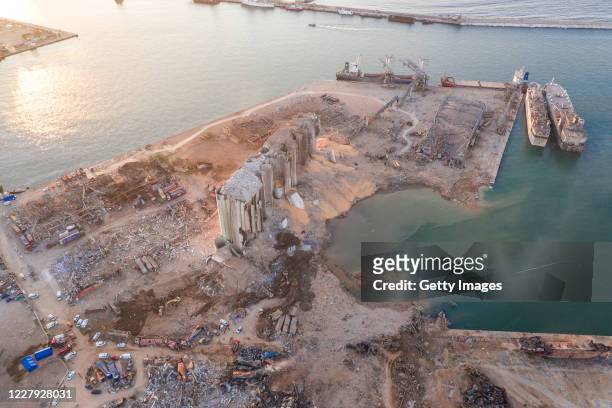 An aerial view of ruined structures at the port, damaged by an explosion a day earlier, on August 5, 2020 in Beirut, Lebanon. As of Wednesday, more...