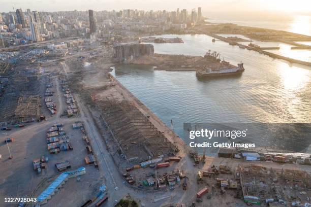 An aerial view of ruined structures at the port, damaged by an explosion a day earlier, on August 5, 2020 in Beirut, Lebanon. As of Wednesday, more...