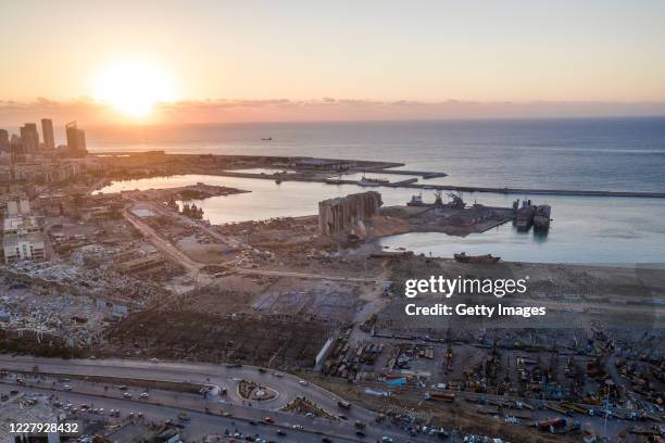 An aerial view of ruined structures at the port, damaged by an explosion a day earlier, on August 5, 2020 in Beirut, Lebanon. As of Wednesday, more...