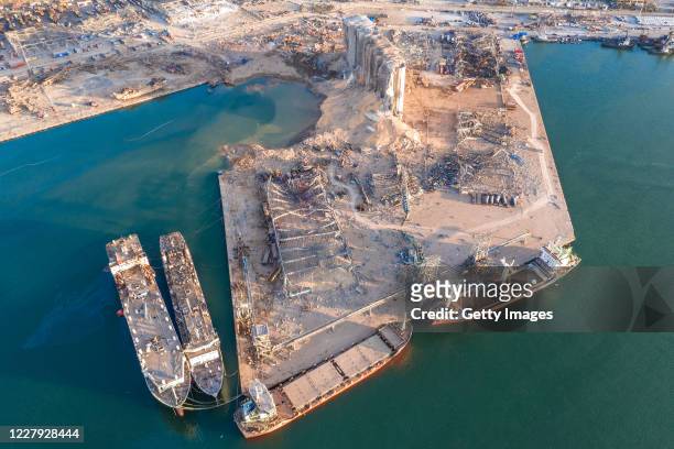 An aerial view of ruined structures at the port, damaged by an explosion a day earlier, on August 5, 2020 in Beirut, Lebanon. As of Wednesday, more...