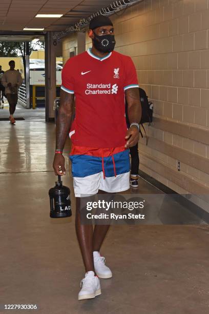 LeBron James of the Los Angeles Lakers arrives to the arena before the game against the Oklahoma City Thunder on August 5, 2020 in Orlando, Florida...