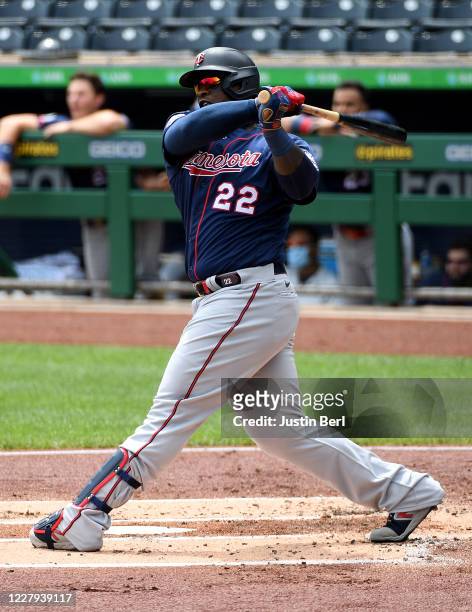 Miguel Sano of the Minnesota Twins hits a three run home run in the first inning during the game against the Pittsburgh Pirates at PNC Park on August...