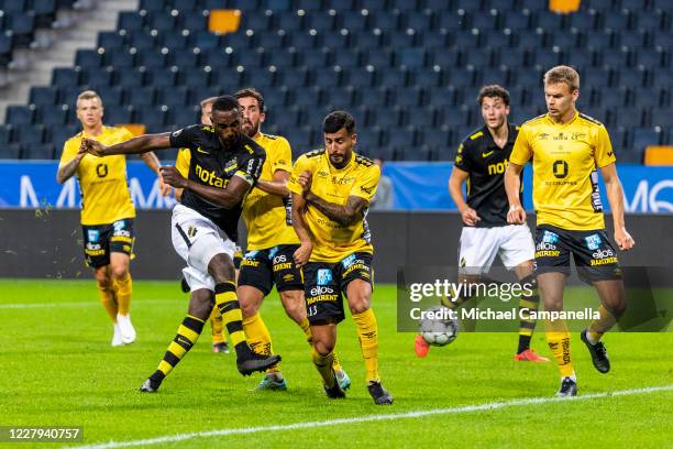 Henok Goitom of AIK scores the 1-2 reduction goal during the Allsvenskan match between AIK and IF Elfsborg at Friends Arena on August 6, 2020 in...