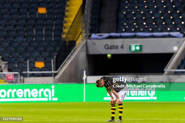 Karol Mets of AIK dejected after losing 1-2 the Allsvenskan match between AIK and IF Elfsborg at Friends Arena on August 6, 2020 in Stockholm, Sweden.