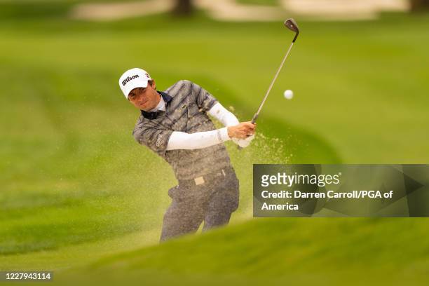 Benjamin Hebert of France hits out of the bunker on the second hole during the first round of the 102nd PGA Championship at TPC Harding Park on...